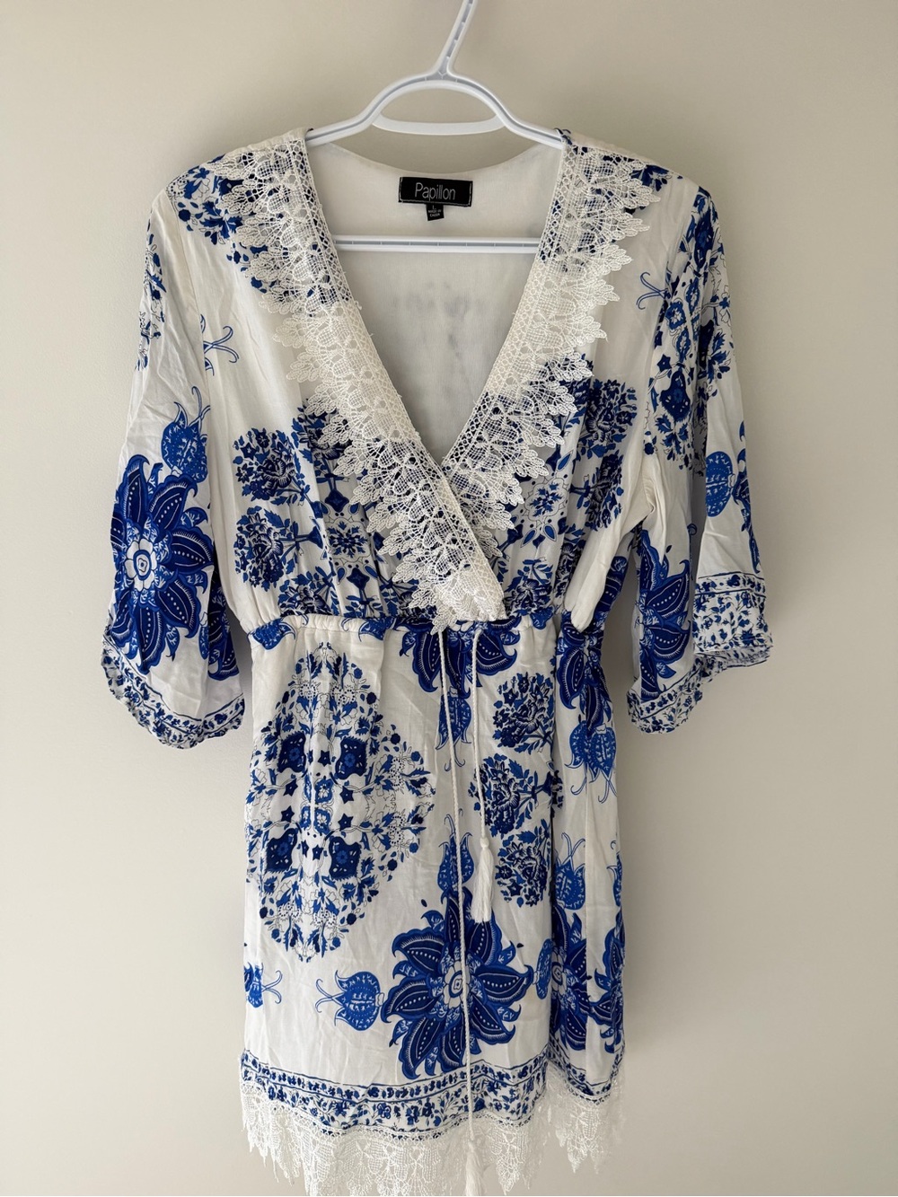 Papillon Blanc White & Royal Blue Lace-Trim Floral Wrap Tunic
